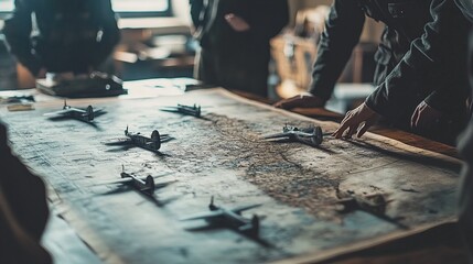 World War II strategists planning and analyzing military operations.