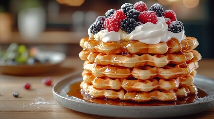 Waffles with whipped cream and berries on top.