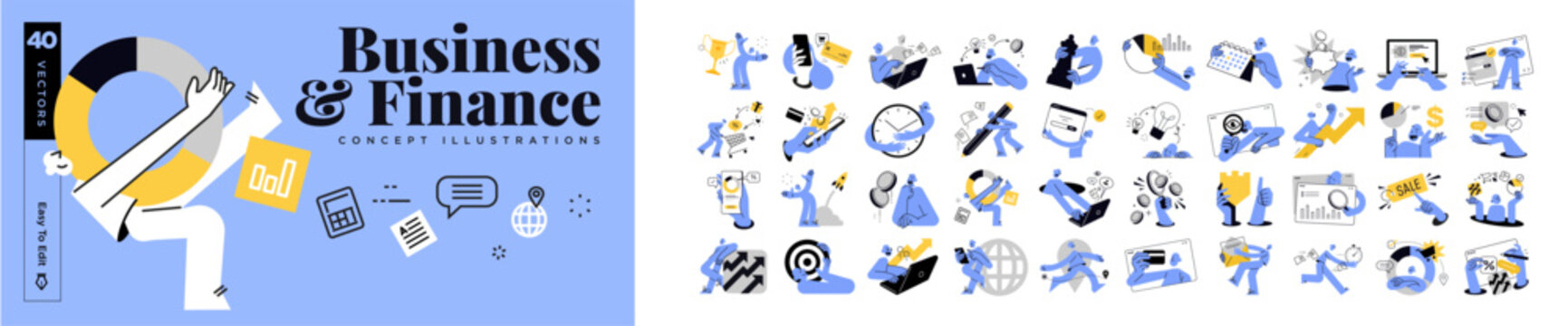 Creative business and finance illustrations. Concepts of business strategy and planning, ecommerce and shopping, data analytics, management, startup, payment and security for graphic and web design.