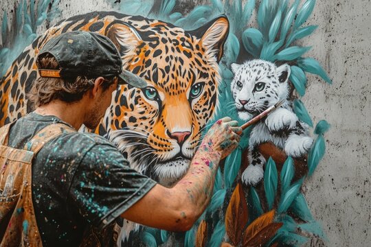 An artist paints a vibrant mural depicting a majestic jaguar and its snow leopard cub amidst lush foliage.