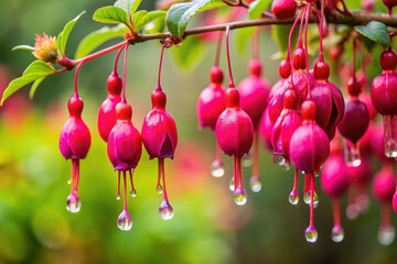 Fototapeta premium Fuchsia berries dripping from a branch on a tree, fuchsia, leaves, berries, natural scenery, autumn