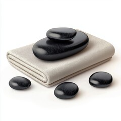Hot stone massage setup with smooth black stones placed on a towel, isolated on white background