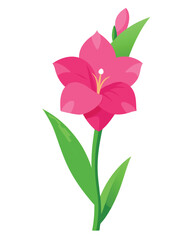 A vibrant pink flower with green leaves, designed in a minimalist style.