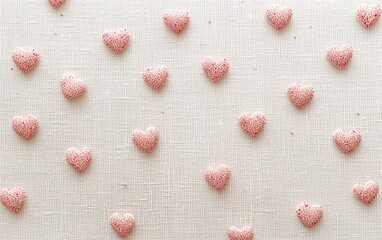 Fototapeta premium Minimalist mockup background with space for text decorated with delicate hand-drawn heart outlines scattered over a neutral canvas texture for Saint Valentines Day and 8 March International Womens Day