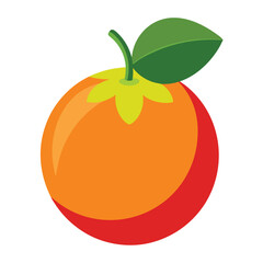 A stylized illustration of an orange fruit with a green leaf and stem.