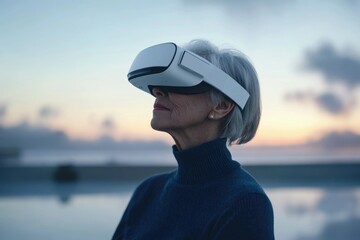 Senior woman uses VR headset, experiencing immersive virtual reality at sunset.
