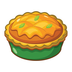 A colorful, stylized pie topped with leaves, suggesting a delicious dessert.