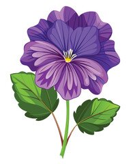 A vibrant purple flower illustration with intricate petal details and a green leaf.