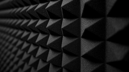 close-up of black acoustic foam panels with pyramid pattern, soundproofing, noise control, modern acoustic design