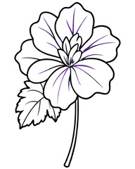A stylized illustration of a flower with bold outlines and purple accents.