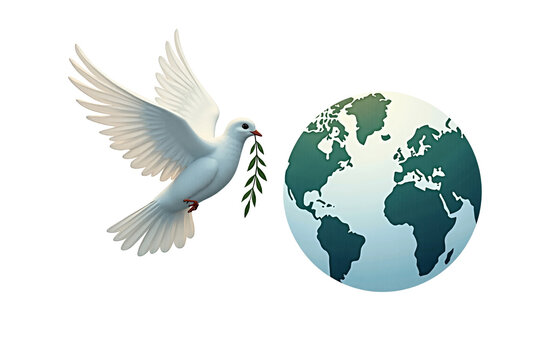 Dove of peace with olive branch in beak on approach to planet Earth on white background. Png. AI generative.