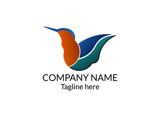 Stylized minimalist hummingbird logo design, orange and teal colors, company branding