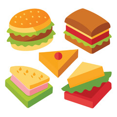 A colorful illustration of various fast food items including a burger and a slice of pizza.