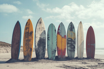 A raw of old vintage surfboards standing up in the sand on the beach