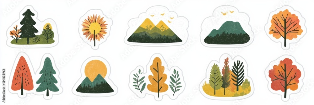Poster collection of colorful stickers featuring trees, mountains, and autumn elements on a white backgroun