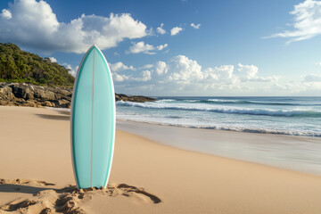 A new blue surfboard standing up in the sand on the beach