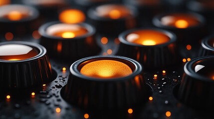 A close-up photograph of several black objects, possibly buttons or switches, with orange lights inside them.