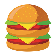 A colorful hamburger illustration with lettuce, tomato, and cheese layers.