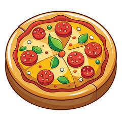 A colorful illustration of a pizza topped with pepperoni, green leaves, and various toppings.
