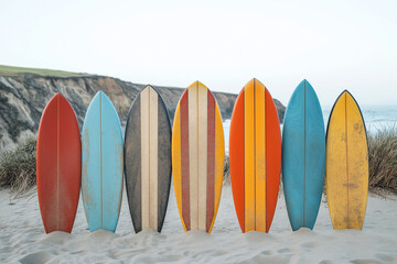A raw of retro old school new surfboards standing up in the sand on the beach