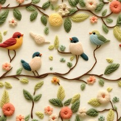 Adorable seamless felted birds and floral pattern