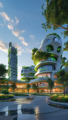 Futuristic sustainable city concept, Eco-Responsive Smart Cities: Smart and ai controlled Urban Cities with renewable energy integration, climate-responsive architecture, green eco city, plants, trees