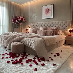 A luxurious bedroom with a plush velvet bed