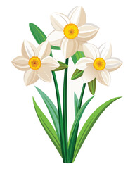 A digital illustration of three white daffodils with yellow centers and green leaves.