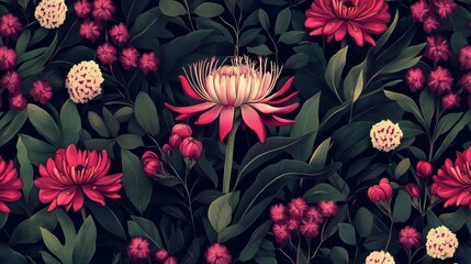 Colorful floral design featuring various blossoms and vibrant foliage on a dark background