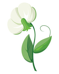 A stylized illustration of a flower with green leaves and a curling stem.