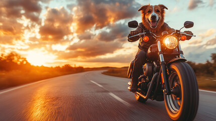 Dog riding motorcycle into the sunset on country road
