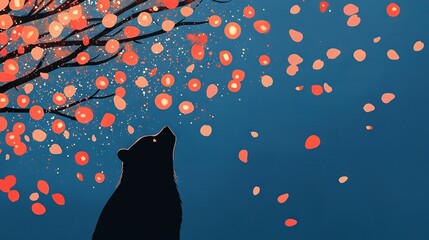   A wolf silhouette gazes at a heart-shaped tree with lanterns hanging in the sky