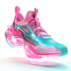 A pair of futuristic running shoes with bubble gum pink and teal colors