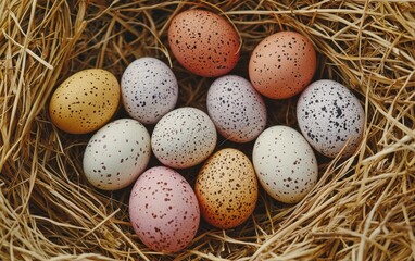 Obraz premium Mockup background with space for text featuring softly speckled pastel Easter eggs arranged in a natural straw nest for a warm and rustic holiday theme for Easter