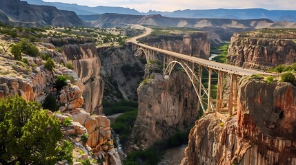 A highway bridge arching over a deep canyon, with dramatic rock formations and a river far below.