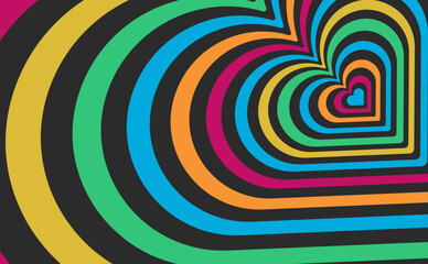 A background with hearts. Colorful hearts background. Bright colored banner. Hearts Valentine card. Love and romance heart background in orange, yellow, blue, green, purple. endless love concept.