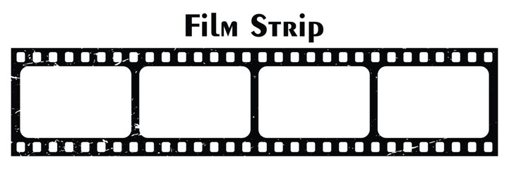Old grunge movie film long strip, vintage filmstrip roll frame, vector photo background. Video or movie filmstrip overlay, cinema or photograph camera long film strip 