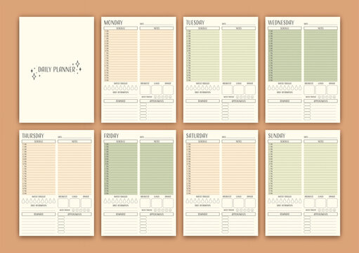 Minimalistic planner templates. Pages for daily, weekly, and monthly organization. Vector diary.