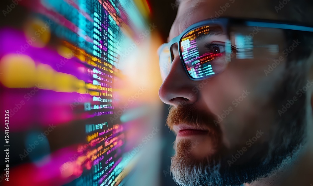 Poster close up of programmer with beard and glasses reflecting colorful programming code, dramatic lightin