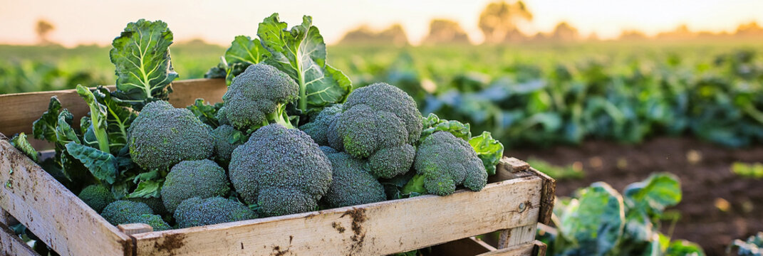 Freshly harvested broccoli in a farm field at sunset