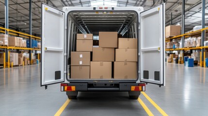 White delivery truck, loaded with cardboard boxes, inside warehouse, ready for shipping.