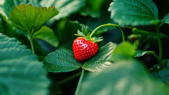 Close-up view of a ripe, red strawberry on a vibrant green plant.  Sunlight illuminates the strawberry's surface, highlighting its texture and juicy appearance.  The background is blurred but shows