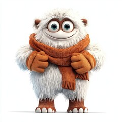 Obraz premium yeti wearing a cozy winter scarf and mittens, isolated on white