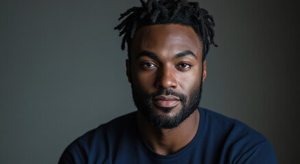 Obraz premium A handsome Black man with short messy hair exudes confidence while he stares directly into the camera, creating an engaging atmosphere indoors