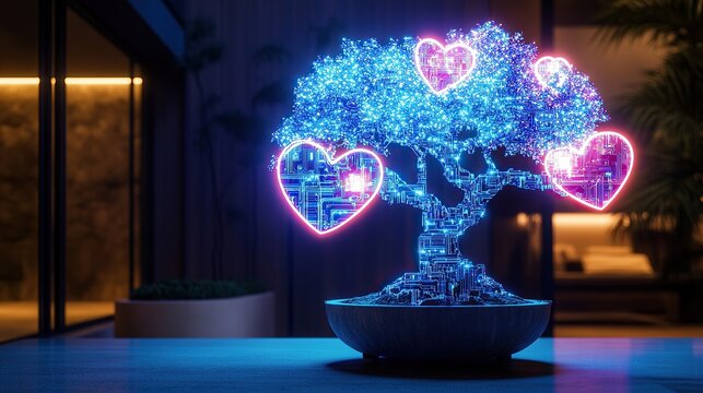 A glowing blue and pink cybernetic bonsai tree with intricate AI circuitry forming heart-shaped leaves