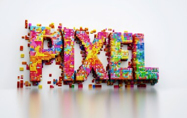 of the word PIXEL made from colorful pixelated squares, isolated on white