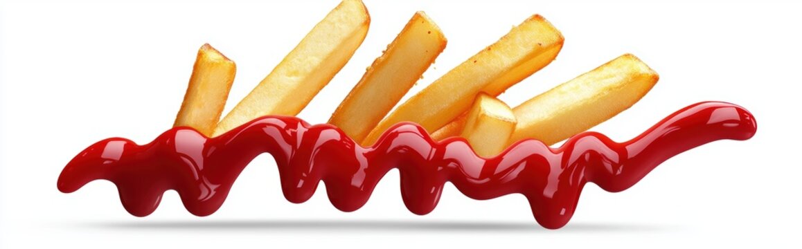 of floating french fries with ketchup splashes, isolated on white