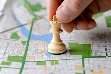 Hand placing a white queen chess piece on a city map, representing strategic planning and decision-making.