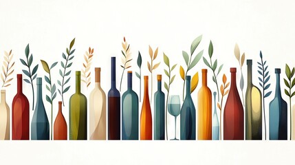  A group of wine bottles arranged on a white wall with a plant protruding from one