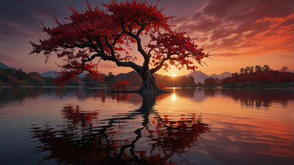 Dramatic Red Sunset Japanese Blossom Tree Serene Lake Reflection Background